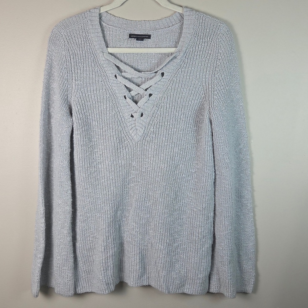American Eagle Lace Up Sweater Womens L Gray Excellent Shaker Stitch Knit 8043